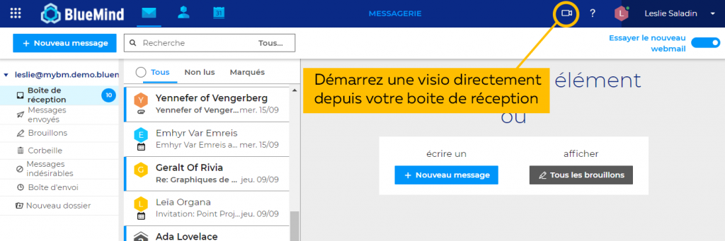 BlueMind Visioconférences depuis le webmail