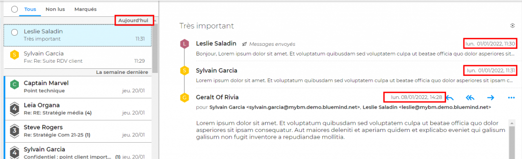 Conversation et chronologie de la boite de réception - BlueMind webmail