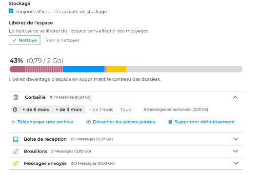 Nouvelle fenêtre encore en développement de l'appli BlueMind pour la gestion du stockage