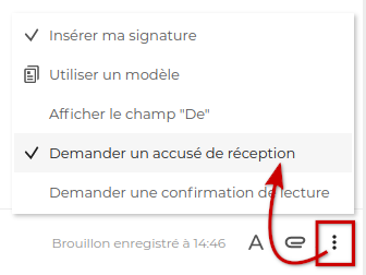 Capture d'écran au clic sur les 3 points en bas du composeur de mail, ouvre une fenêtre proposant d'activer ou désactiver manuellement les accusés de réception