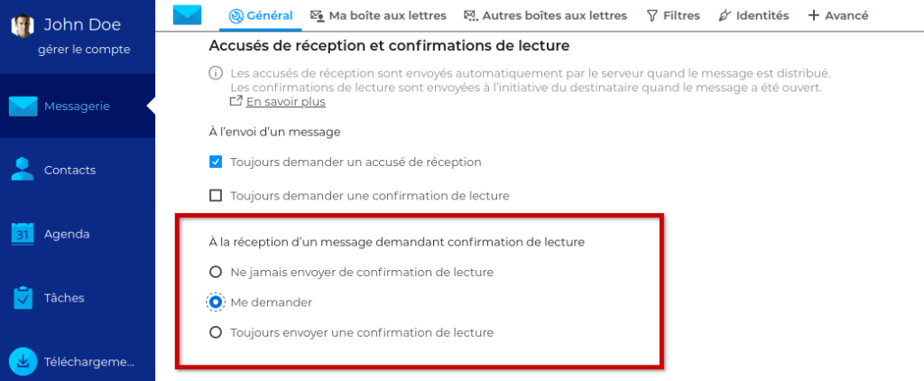 Capture d'écran des préférences utilisateur permettant d'automatiser l'envoi de demande d'accusés de réception ou les confirmations de lecture
