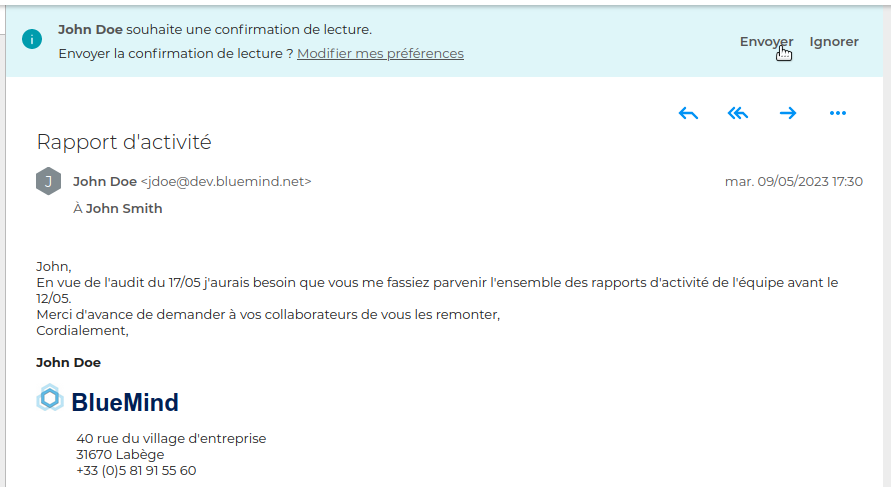 Capture d'écran d'un email reçu. Un bandeau s'affiche en haut pour demander d'envoyer ou d'ignorer la  confirmation de lecture demandée par l'expéditeur.